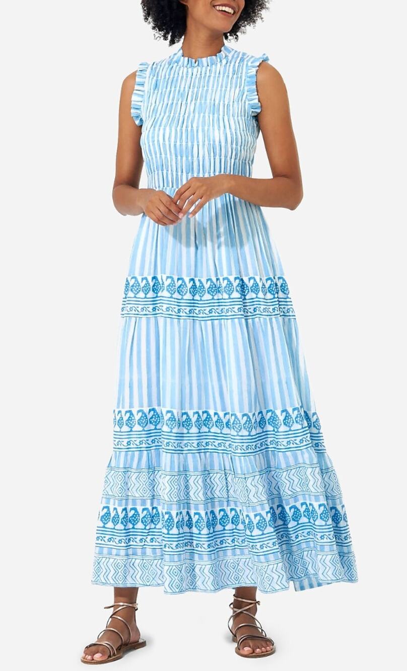 OLIPHANT Tuckernuck Smocked Sleeveless Maxi Dress Blue White Stripe Print L